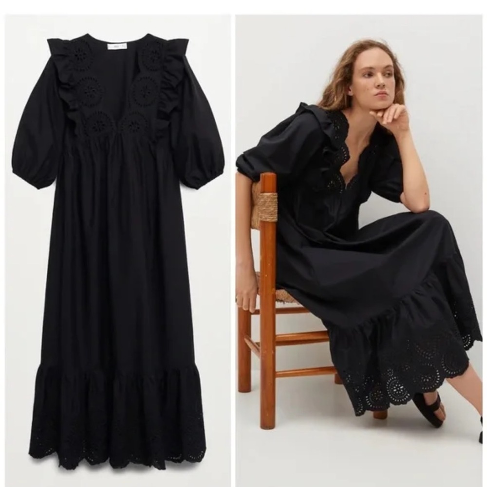 Mango MNG black cotton eyelet trim maxi dress- size XS